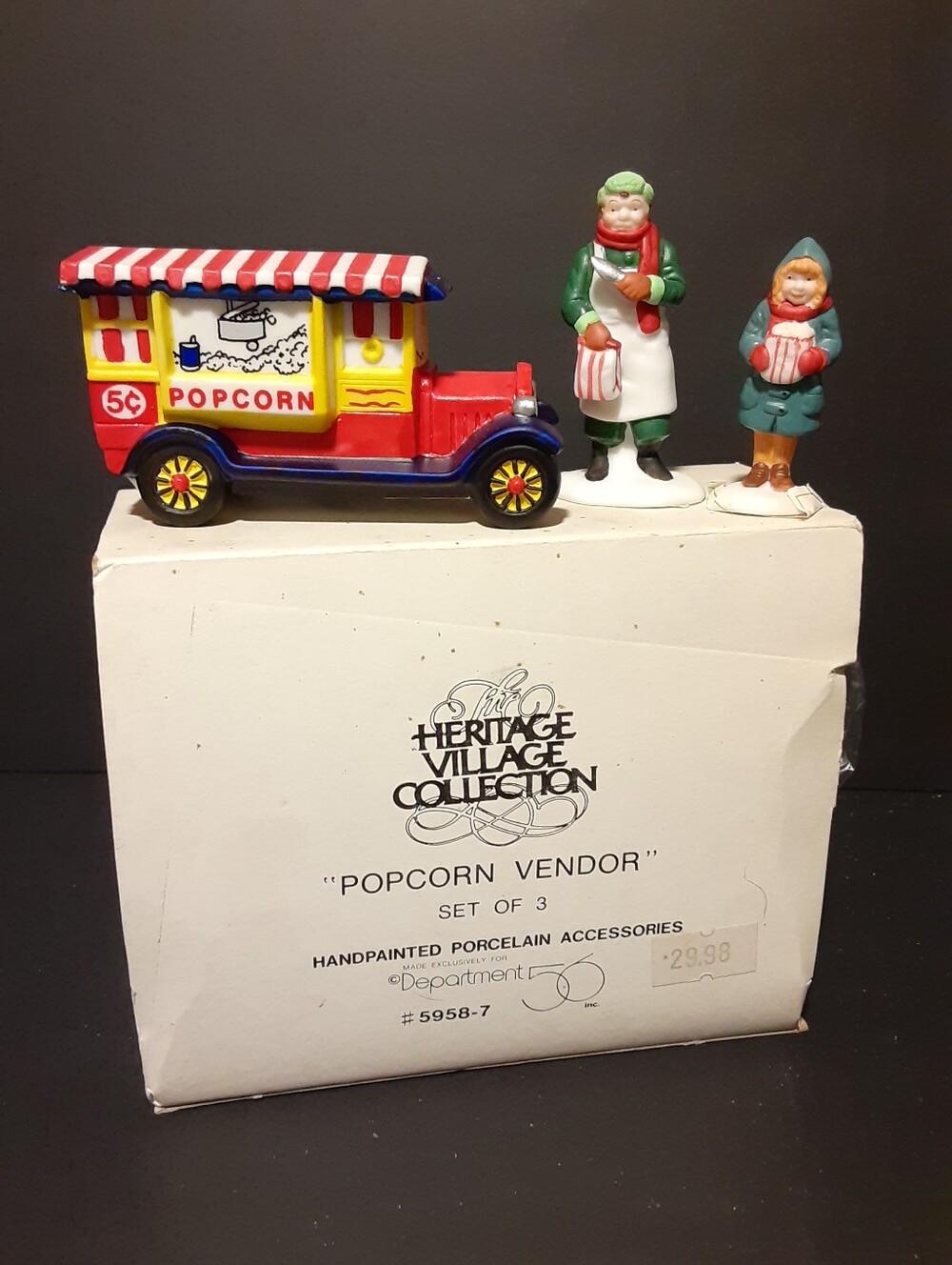 Department 56 Popcorn Vendor #5698-7 Village Acccessories 3 Pc. Set Vintage 90's